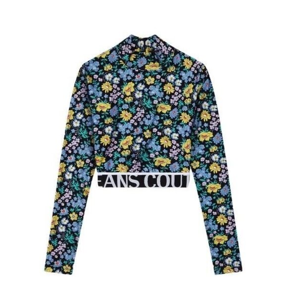 Versace Jeans Couture Long Sleeve Crop Top Hydrangea Blue Floral - Picture 3 of 7
